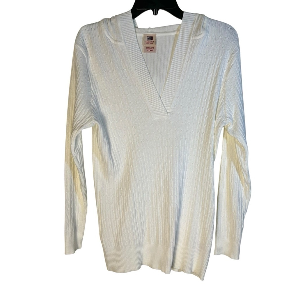 Vintage Faded Glory Sweater Womens 1X Ivory Ribbed Cable Knit V Neck Hooded